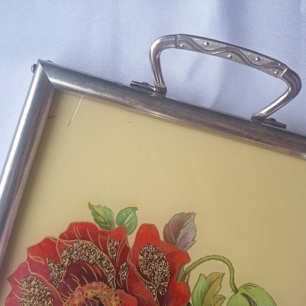 40s Reverse Painted Glass Vanity Floral Tray Vintage Stamped Germany US Zone - Picture 7 of 9